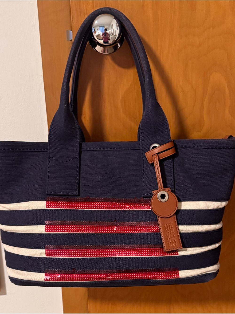 Marc Jacobs Navy and White Stripe Tote with Red Sequin Bands